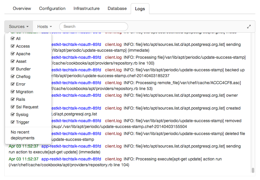 The logs for my application along with the sources that are available.